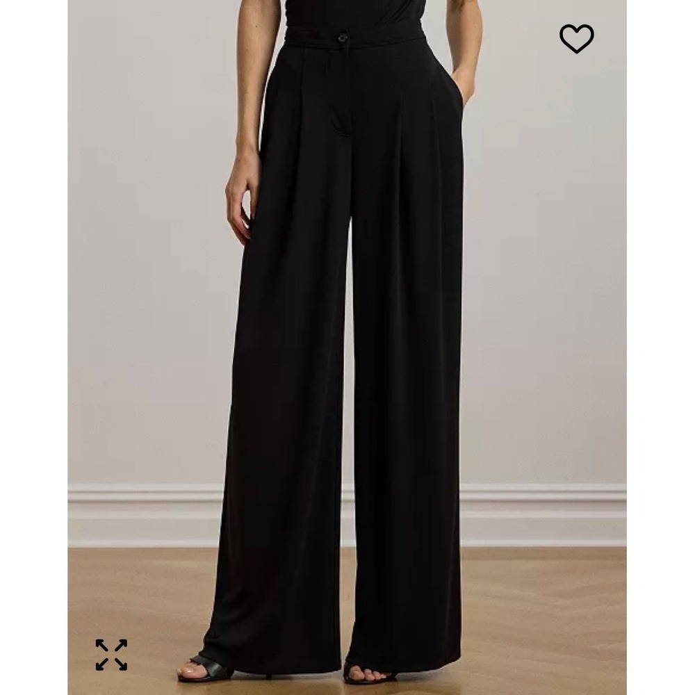 Lauren Ralph Lauren Black Wool Blend Wide Leg Pleated Cuffed Trousers Size 16